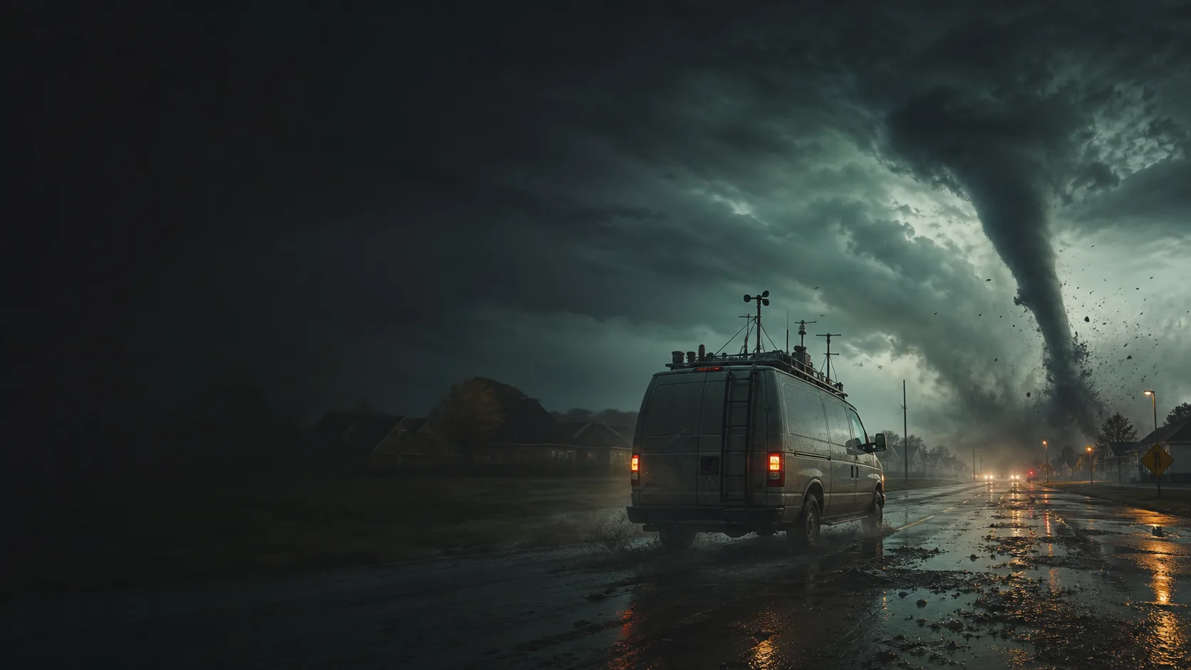 An unbranded storm research van facing a tornado, original artwork for the Funnel Runners player database